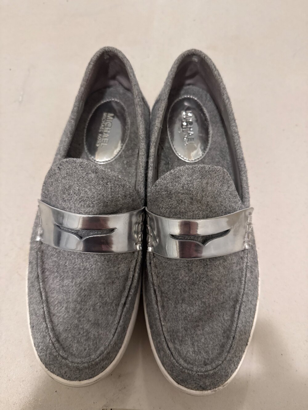 Michael Kors Gray Felt Loafer Sneakers Silver Strap Size 8